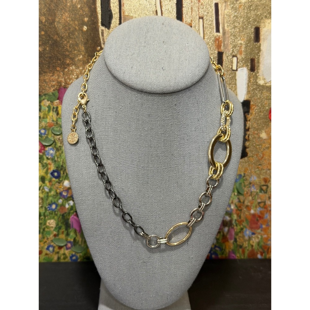 Graziano Mixed Metal Link Necklace Gold Tone Silver Tone Gunmetal Pave Accents - Picture 2 of 16